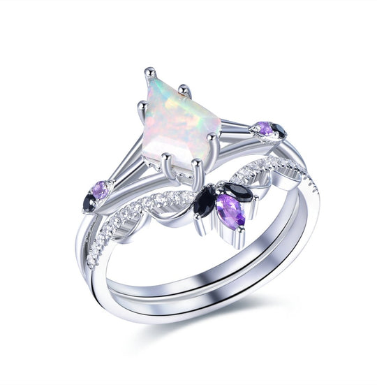 Kite Natural Opal with Amethyst and Black Spinel Bridal Set,  14K Gold/Silver