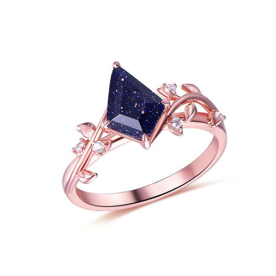 Kite Shape Blue Sandstone Diamond Engagement Vine Ring 14K Gold