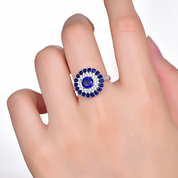 Lab Blue Sapphire Triple Halo Engagement Ring 14K White Gold - Lord of Gem Rings