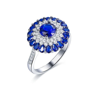 Lab Blue Sapphire Triple Halo Engagement Ring 14K White Gold - Lord of Gem Rings