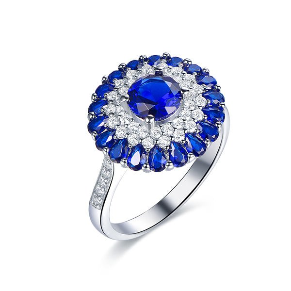 Lab Blue Sapphire Triple Halo Engagement Ring 14K White Gold - Lord of Gem Rings