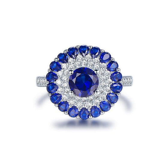 Lab Blue Sapphire Triple Halo Engagement Ring 14K White Gold