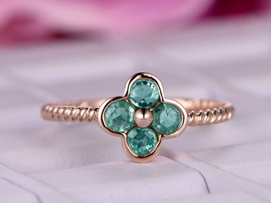 Lucky Clover Twisted Emerald Ring 14K White Gold