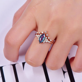 Marquise Alexandrite Ring with Chevron Diamond Band Bridal Set 14K Rose Gold - Lord of Gem Rings