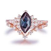 Marquise Alexandrite Ring with Chevron Diamond Band Bridal Set 14K Rose Gold - Lord of Gem Rings
