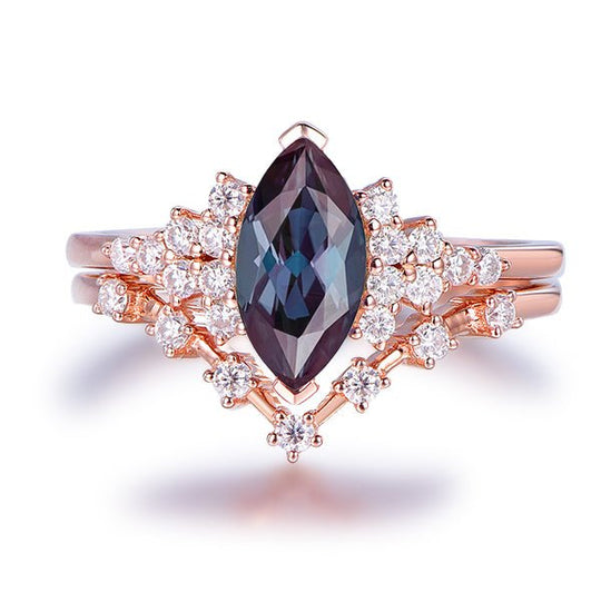 Marquise Alexandrite Ring with Chevron Diamond Band Bridal Set 14K Rose Gold