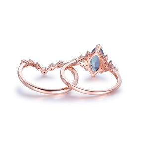 Marquise Alexandrite Ring with Chevron Diamond Band Bridal Set 14K Rose Gold - Lord of Gem Rings