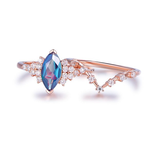 Marquise Alexandrite Ring with Chevron Diamond Band Bridal Set 14K Rose Gold - Lord of Gem Rings