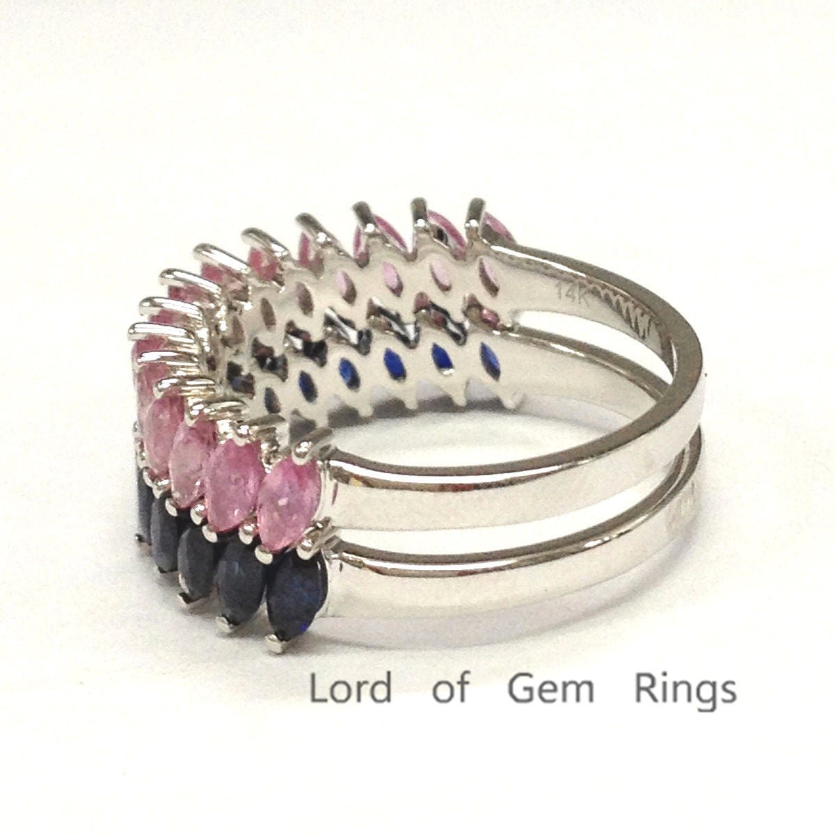 Marquise Blue and Pink Sapphire Slanted September Birthstone Band Set - Lord of Gem Rings