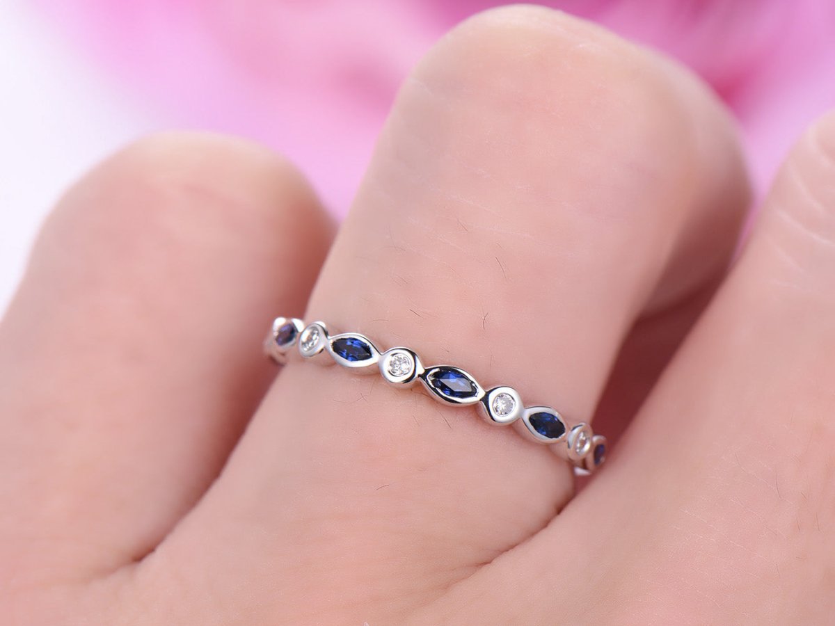Marquise Blue Sapphire Round Diamond September Birthstone Band - Lord of Gem Rings