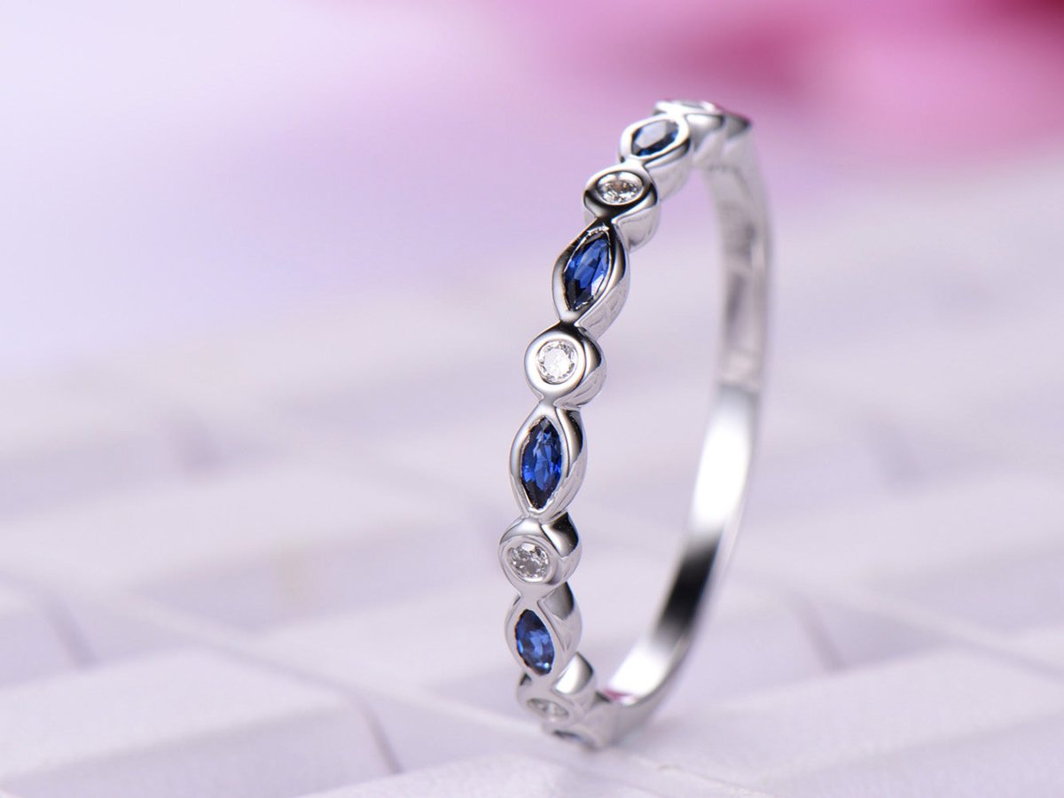 Marquise Blue Sapphire Round Diamond September Birthstone Band - Lord of Gem Rings