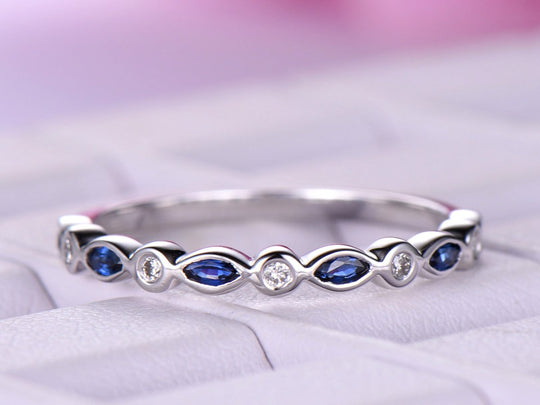 Marquise Blue Sapphire Round Diamond September Birthstone Band