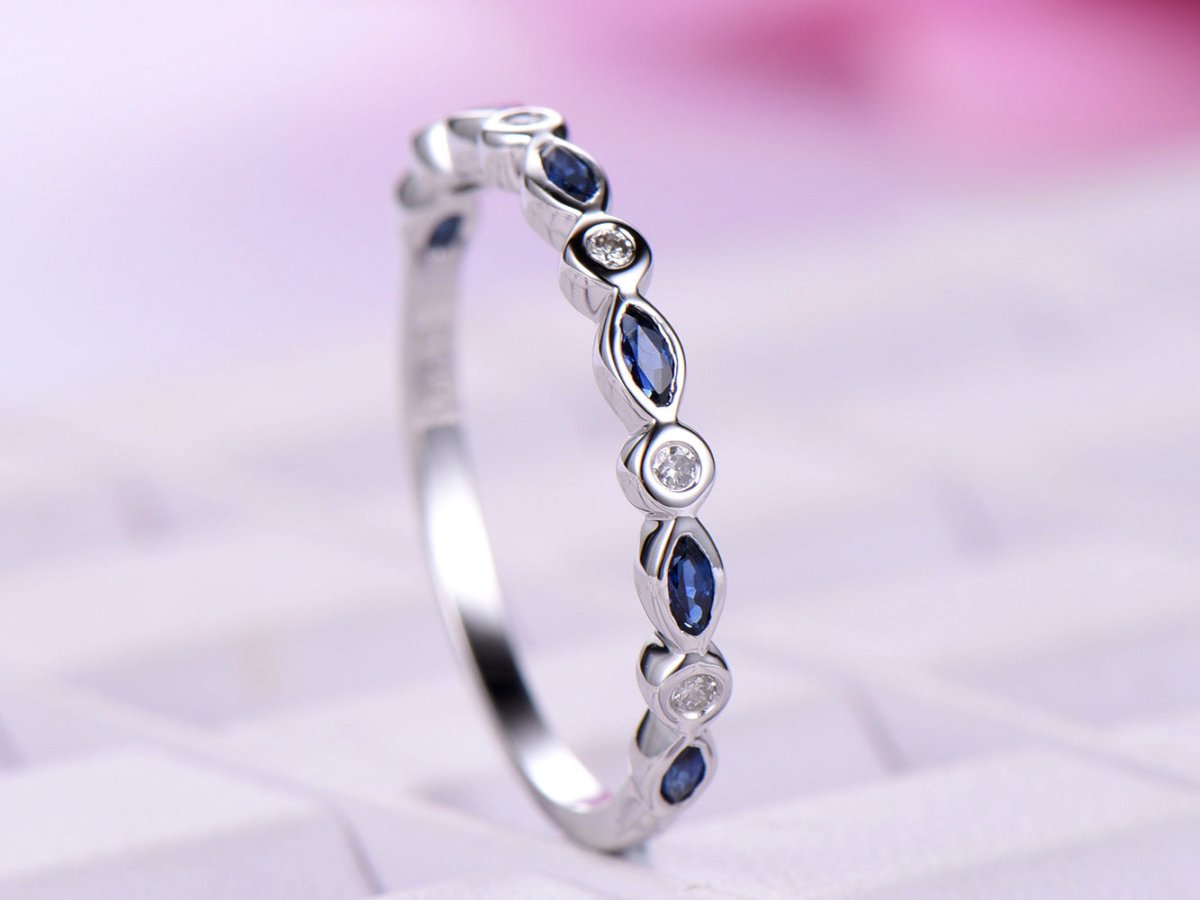 Marquise Blue Sapphire Round Diamond September Birthstone Band - Lord of Gem Rings