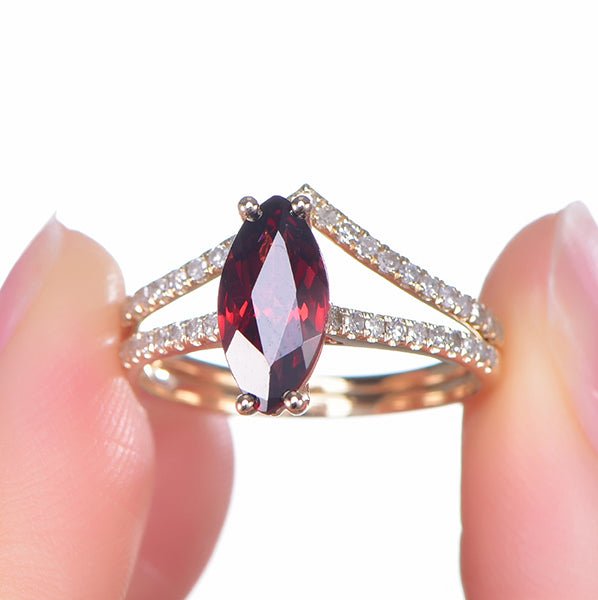 Marquise Garnet Diamond Chevron Wedding Bridal Set 14K Yellow Gold - Lord of Gem Rings