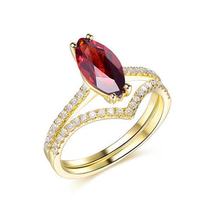 Marquise Garnet Diamond Chevron Wedding Bridal Set 14K Yellow Gold - Lord of Gem Rings