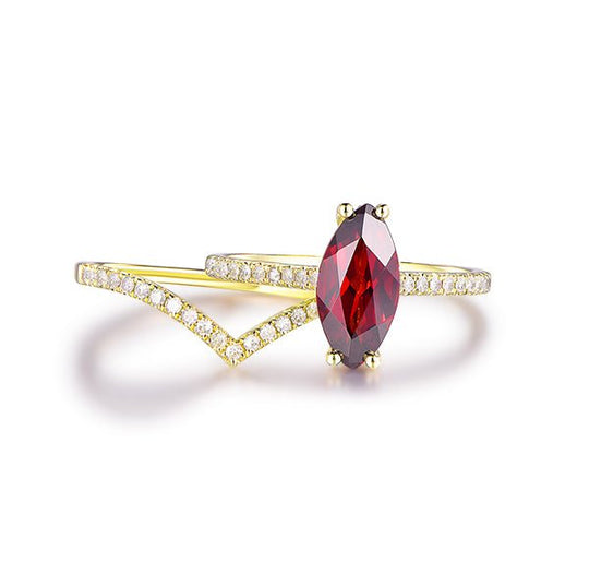 Marquise Garnet Diamond Chevron Wedding Bridal Set 14K Gold