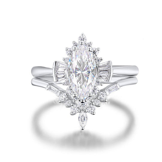 Marquise Moissanite Engagement Ring with Contour Wedding Ring 14K White Gold
