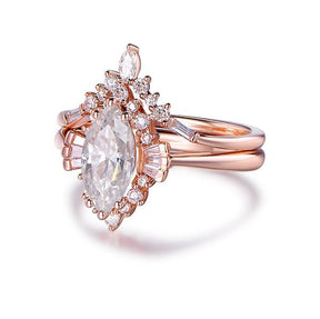 Marquise Moissanite Engagement Ring with Contour Wedding Ring in 14K Rose Gold - Lord of Gem Rings