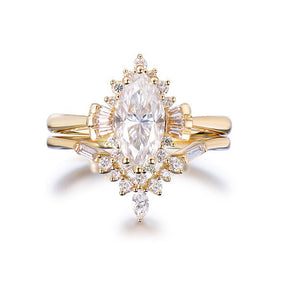 Marquise Moissanite Engagement Ring with Contour Wedding Ring in 14K Yellow Gold - Lord of Gem Rings