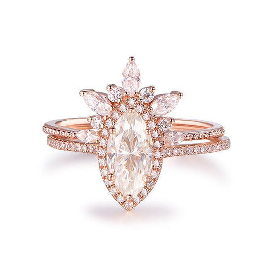 Marquise Moissanite Ring with Chevron Band Bridal Set 14k Solid Gold