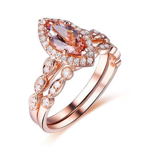 Marquise Morganite Diamond Art Deco Bridal Set 14K Rose Gold - Lord of Gem Rings