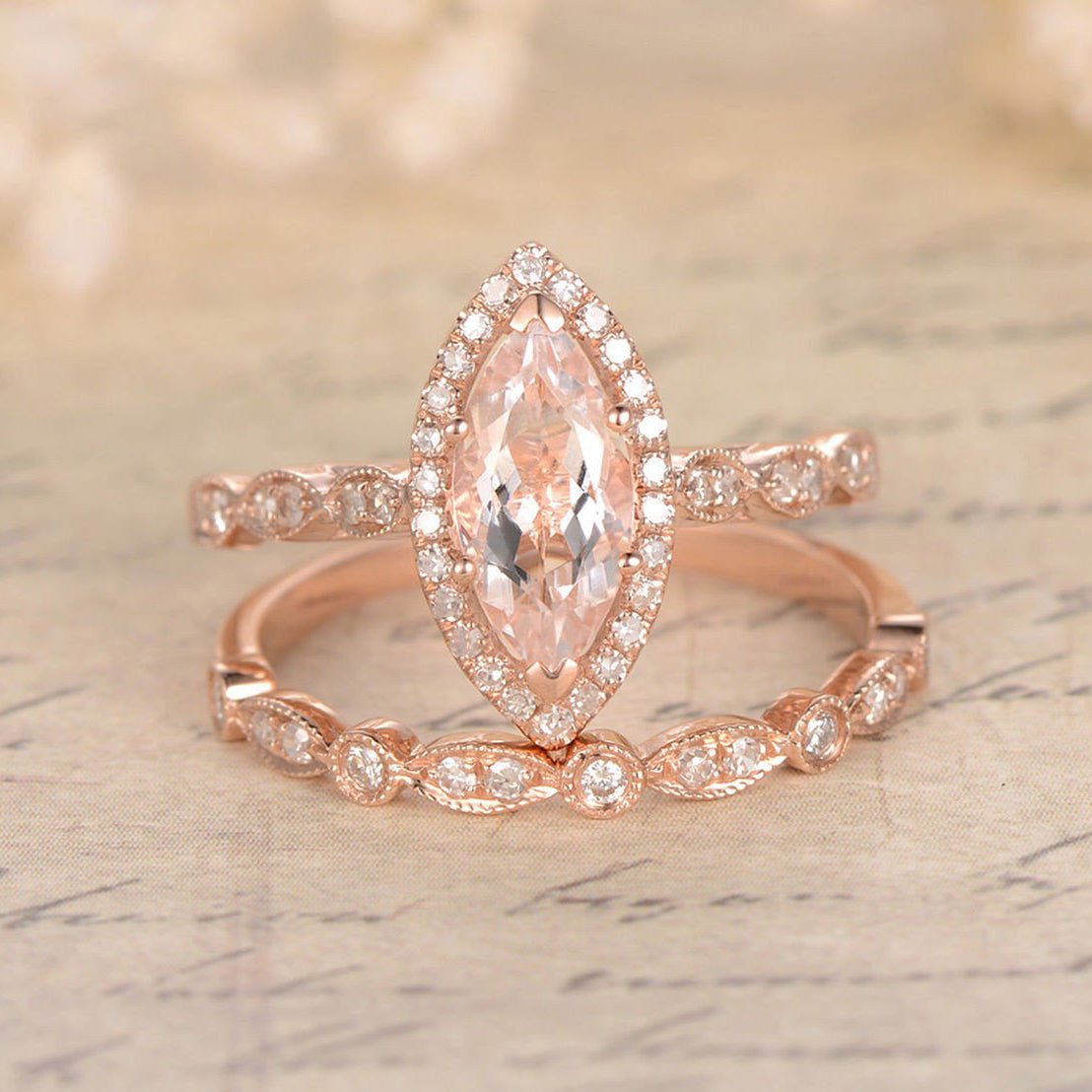 Marquise Morganite Diamond Art Deco Bridal Set 14K Rose Gold - Lord of Gem Rings