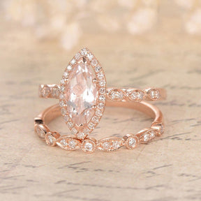 Marquise Morganite Diamond Art Deco Bridal Set 14K Rose Gold - Lord of Gem Rings