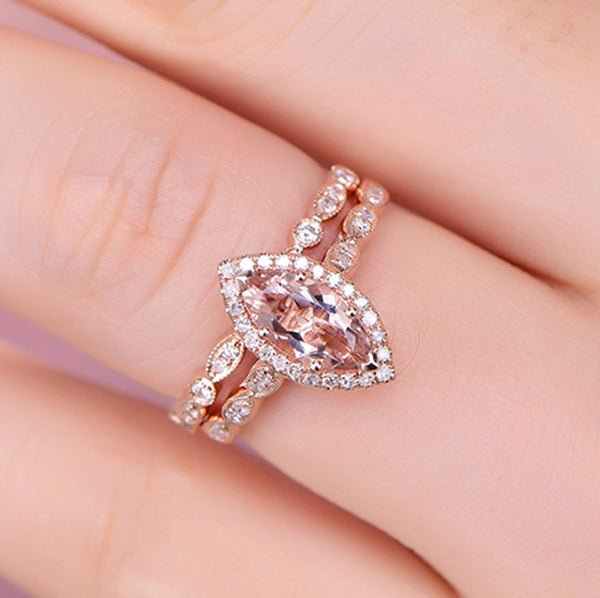 Marquise Morganite Diamond Art Deco Bridal Set 14K Rose Gold - Lord of Gem Rings