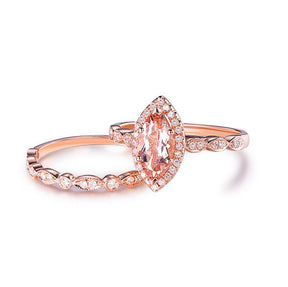 Marquise Morganite Diamond Art Deco Bridal Set 14K Rose Gold - Lord of Gem Rings