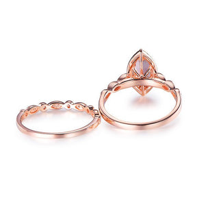 Marquise Morganite Diamond Art Deco Bridal Set 14K Rose Gold - Lord of Gem Rings