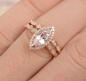 Marquise Morganite Diamond Art Deco Bridal Set 14K Rose Gold - Lord of Gem Rings