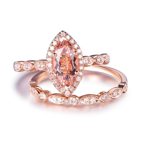 Marquise Morganite Diamond Art Deco Bridal Set 14K Rose Gold
