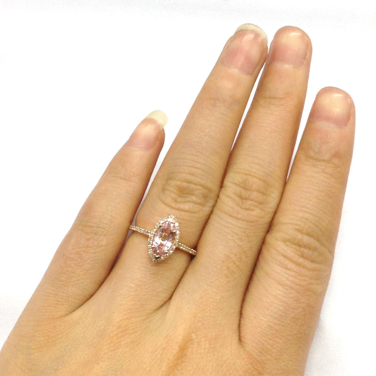 Marquise Morganite Engagement Ring with Diamond Halo - Lord of Gem Rings