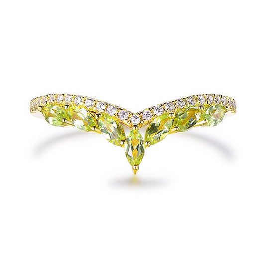 Marquise Peridot Diamond Chevron Wedding Band August Birthstone Band 14K Yellow Gold