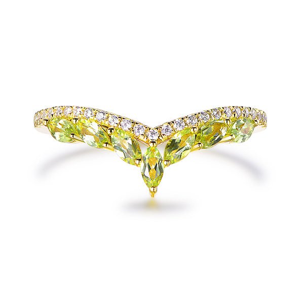 Marquise Peridot Diamond Chevron Wedding Band August Birthstone Band 14K Yellow Gold - Lord of Gem Rings