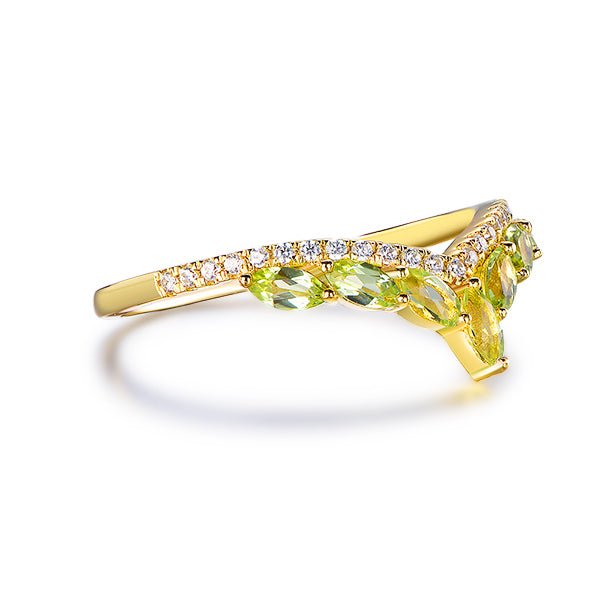 Marquise Peridot Diamond Chevron Wedding Band August Birthstone Band 14K Yellow Gold - Lord of Gem Rings