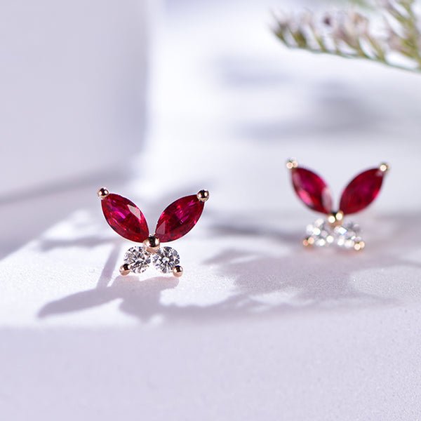 Marquise Pigeon Blood Ruby Diamond Stud Earrings 14K Gold - Lord of Gem Rings