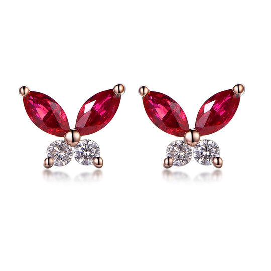 Marquise Pigeon Blood Ruby Diamond Stud Earrings 14K Gold