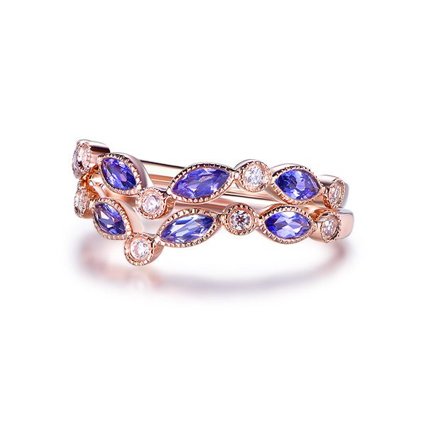 Marquise Tanzanite Moissanite Chevron December Birthstone Band with Milgrain - Lord of Gem Rings