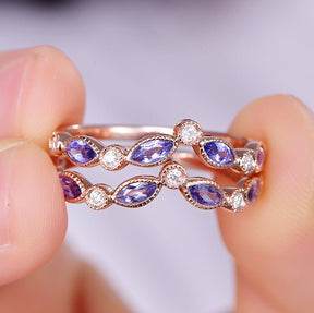 Marquise Tanzanite Moissanite Chevron December Birthstone Band with Milgrain - Lord of Gem Rings