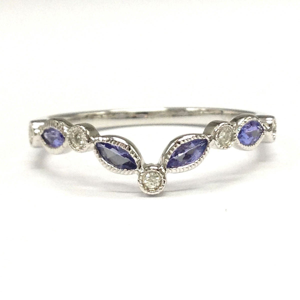 Marquise Tanzanite Moissanite Chevron December Birthstone Band with Milgrain - Lord of Gem Rings