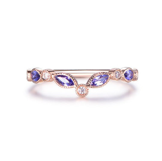 Chevron Marquise Tanzanite and Diamond Wedding Ring | 14K Gold Art Deco December Birthstone Band with Milgrain