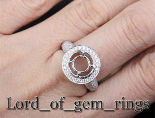 Milgrain 8-8.25mm Round Cut 14K White Gold Pave 1.06ctw Diamonds Semi Mount Ring - Lord of Gem Rings