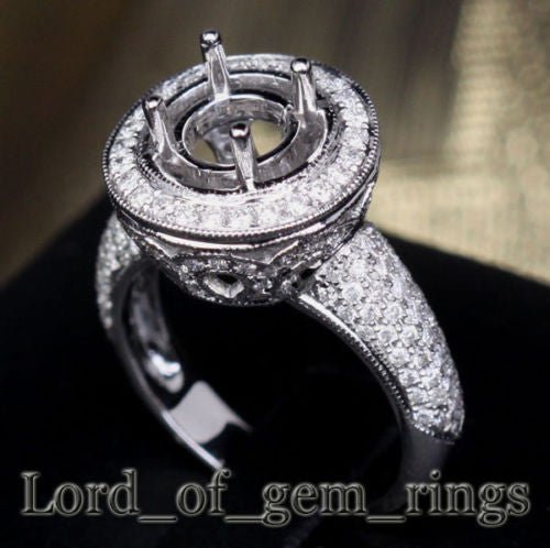 Milgrain 8-8.25mm Round Cut 14K White Gold Pave 1.06ctw Diamonds Semi Mount Ring - Lord of Gem Rings
