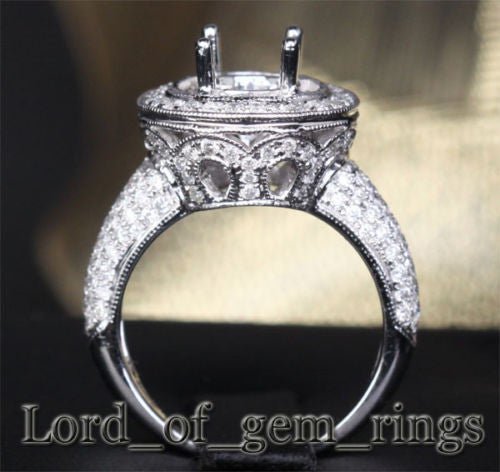 Milgrain 8-8.25mm Round Cut 14K White Gold Pave 1.06ctw Diamonds Semi Mount Ring