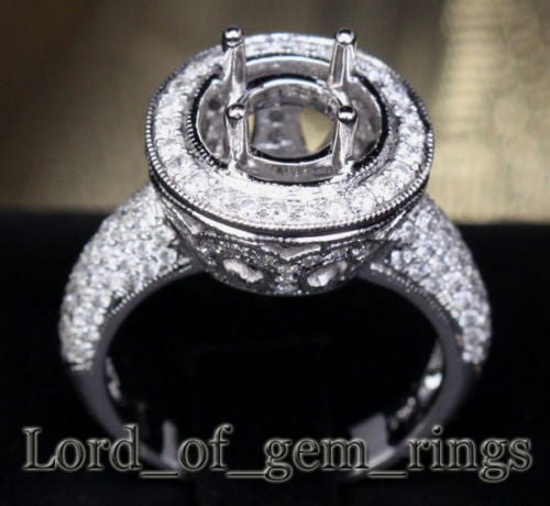 Milgrain 8-8.25mm Round Cut 14K White Gold Pave 1.06ctw Diamonds Semi Mount Ring - Lord of Gem Rings