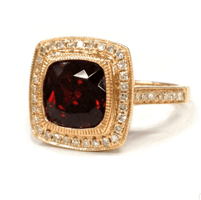 Milgrain Bezel-Set Cushion Garnet Diamond Halo Hidden Accents Ring - Lord of Gem Rings