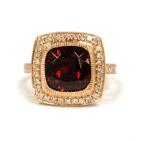 Milgrain Bezel-Set Cushion Garnet Diamond Halo Hidden Accents Ring - Lord of Gem Rings