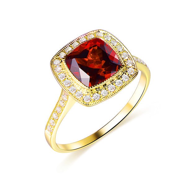 Milgrain Bezel-Set Cushion Garnet Diamond Halo Hidden Accents Ring - Lord of Gem Rings