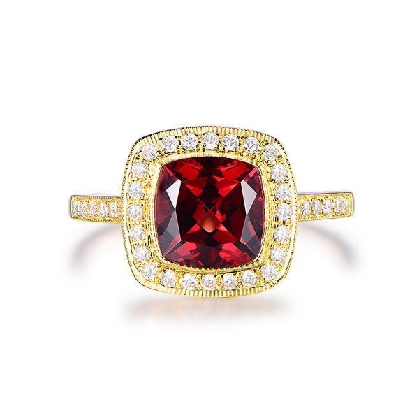 Milgrain Bezel-Set Cushion Garnet Diamond Halo Hidden Accents Ring - Lord of Gem Rings